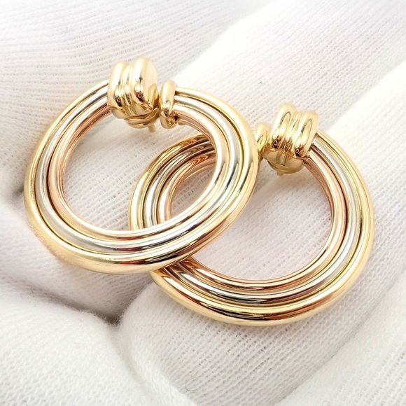 Authentic! Cartier 18k Tri-Color Gold Large Trinity Hoop Earrings - Picture 12 of 12